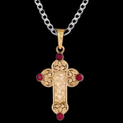A custom bronze cross pendant necklace for men and women, western-inspired design. featuring golden scrollwork